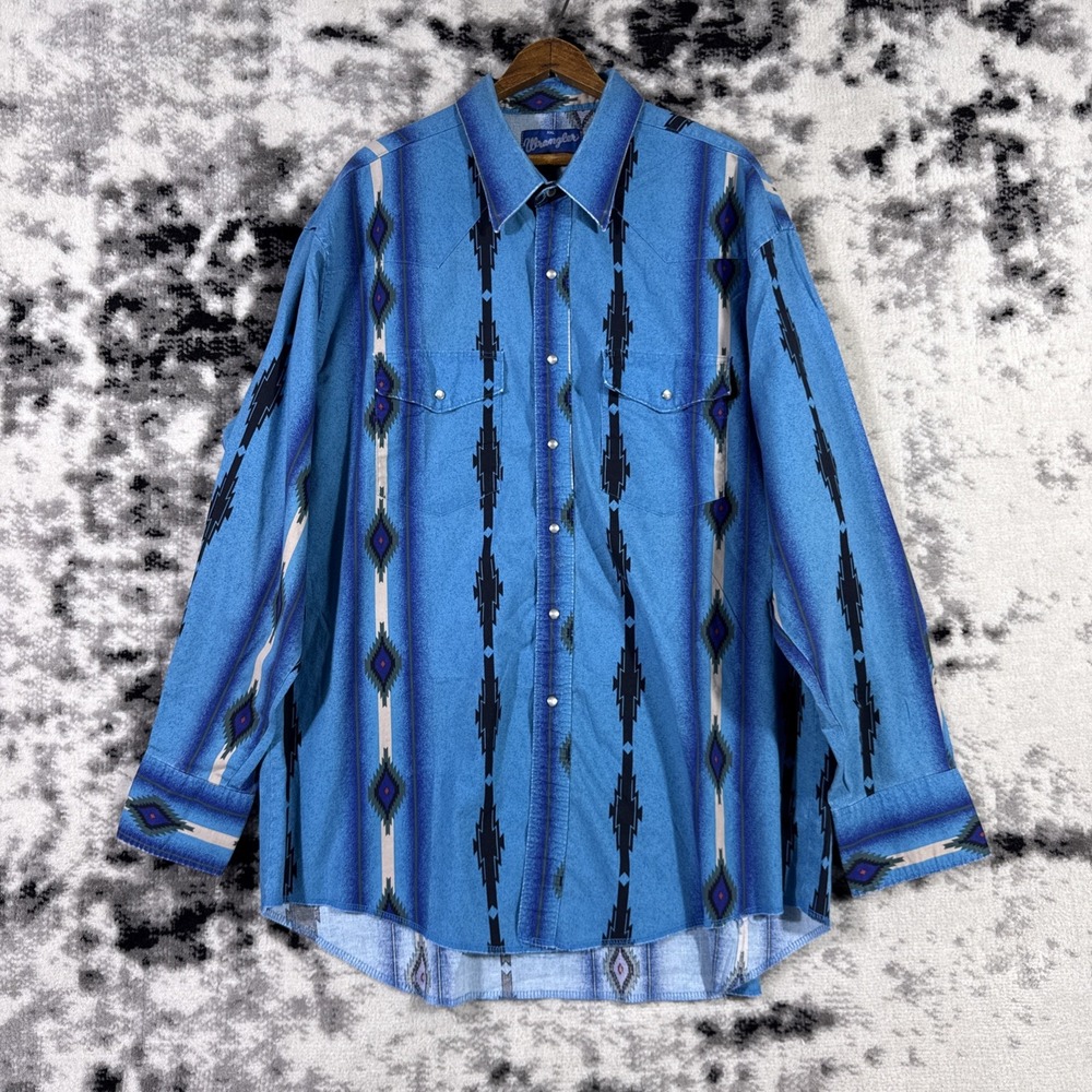 VTG‎ Wrangler Pearl Snap Shirt Mens Size XXL Blue Geometric Rodeo Western Cowboy